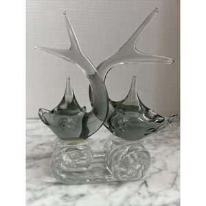 Gorgeous Vintage Clear & Smoky Crystal Glass Two Fish On A Wave Ocean Theme